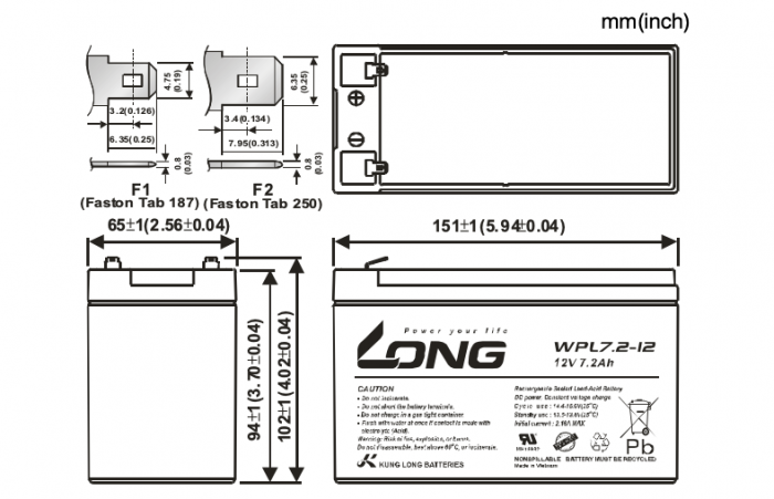 Аккумуляторная батарея Kung Long WPL7.2-12