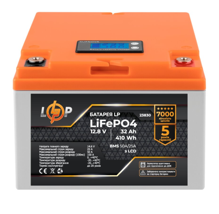 Аккумулятор LogicPower LP LiFePO4 12V (12.8V) 32 Ah (410Wh) (BMS 50А/25A) LCD для ИБП