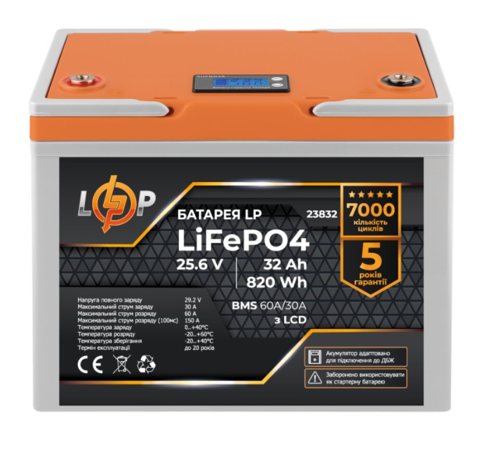 Акумулятор LogicPower LP LiFePO4 24V (25.6V) 32 Ah (820Wh) (BMS 60А/30A) LCD для ДБЖ