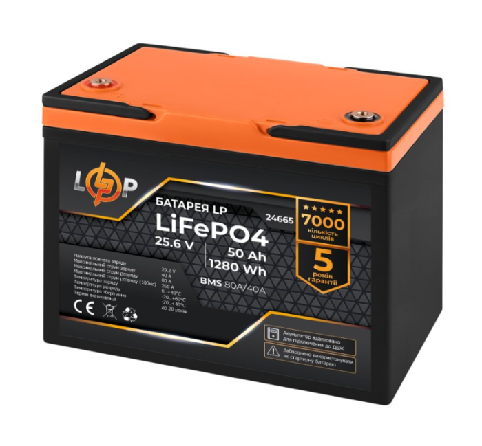 Аккумулятор LogicPower LP LiFePO4 24V (25.6V) 50 Ah (1280Wh) (BMS 80A/40А) для ИБП