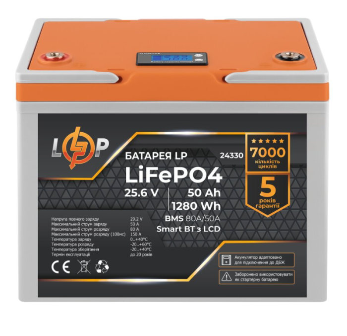 Акумулятор LogicPower LP LiFePO4 24V (25.6V) 50 Ah (1280Wh) (BMS 80A/50А) LCD Smart BT
