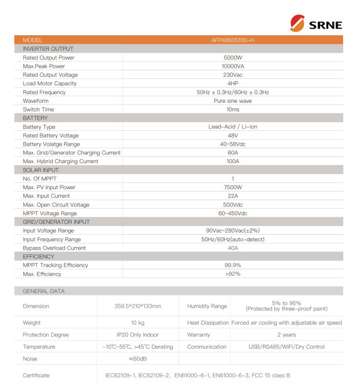 Гибридный инвертор SRNE AFP4850S100-H (5 КВт 48В)